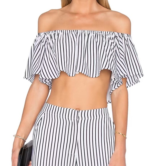 House of Harlow Bree crop top Black and White ruffle stripped off shoulder small - Picture 1 of 11